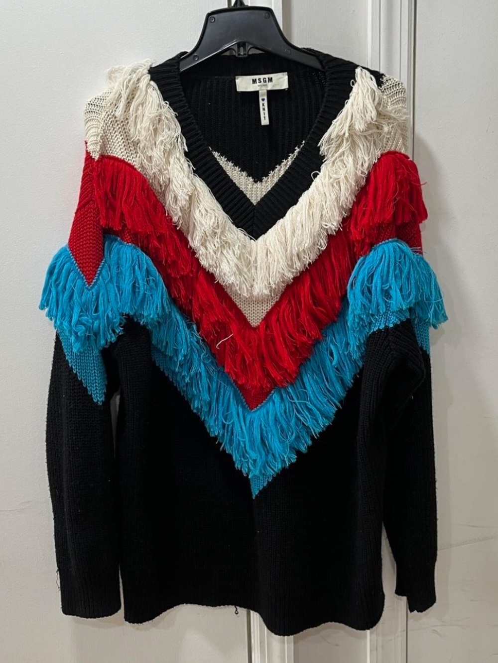 MSGM Black V-Neck Sweater with Red, Turquoise & Cream Fringe Chevron